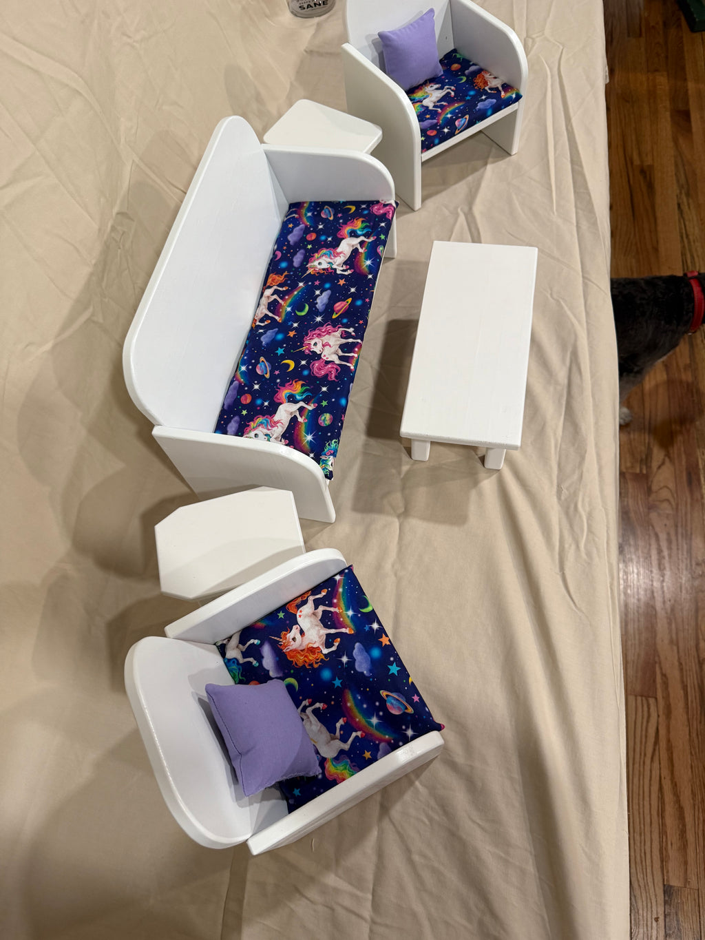 Barbie couch, chairs, and tables in multicolor unicorn
