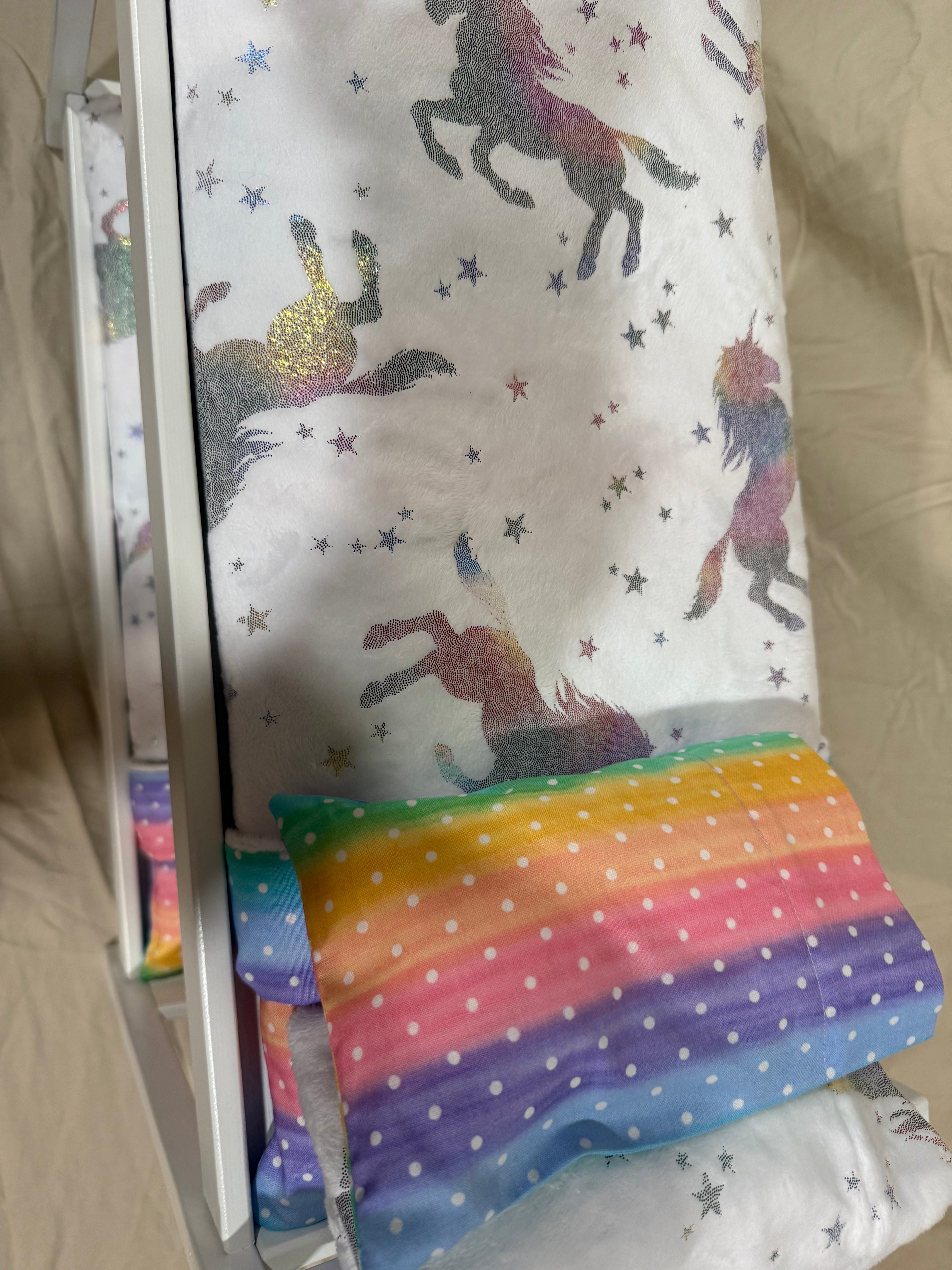 18” doll bunk bed in white unicorn bedding