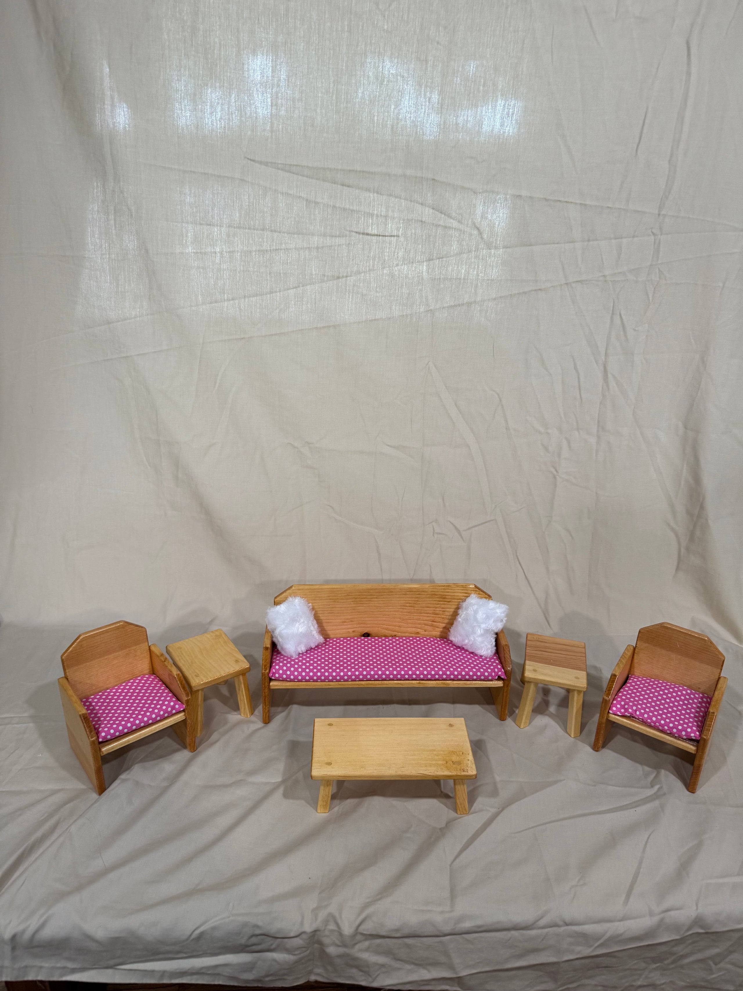 Barbie couch, chairs, and tables set in pink dot