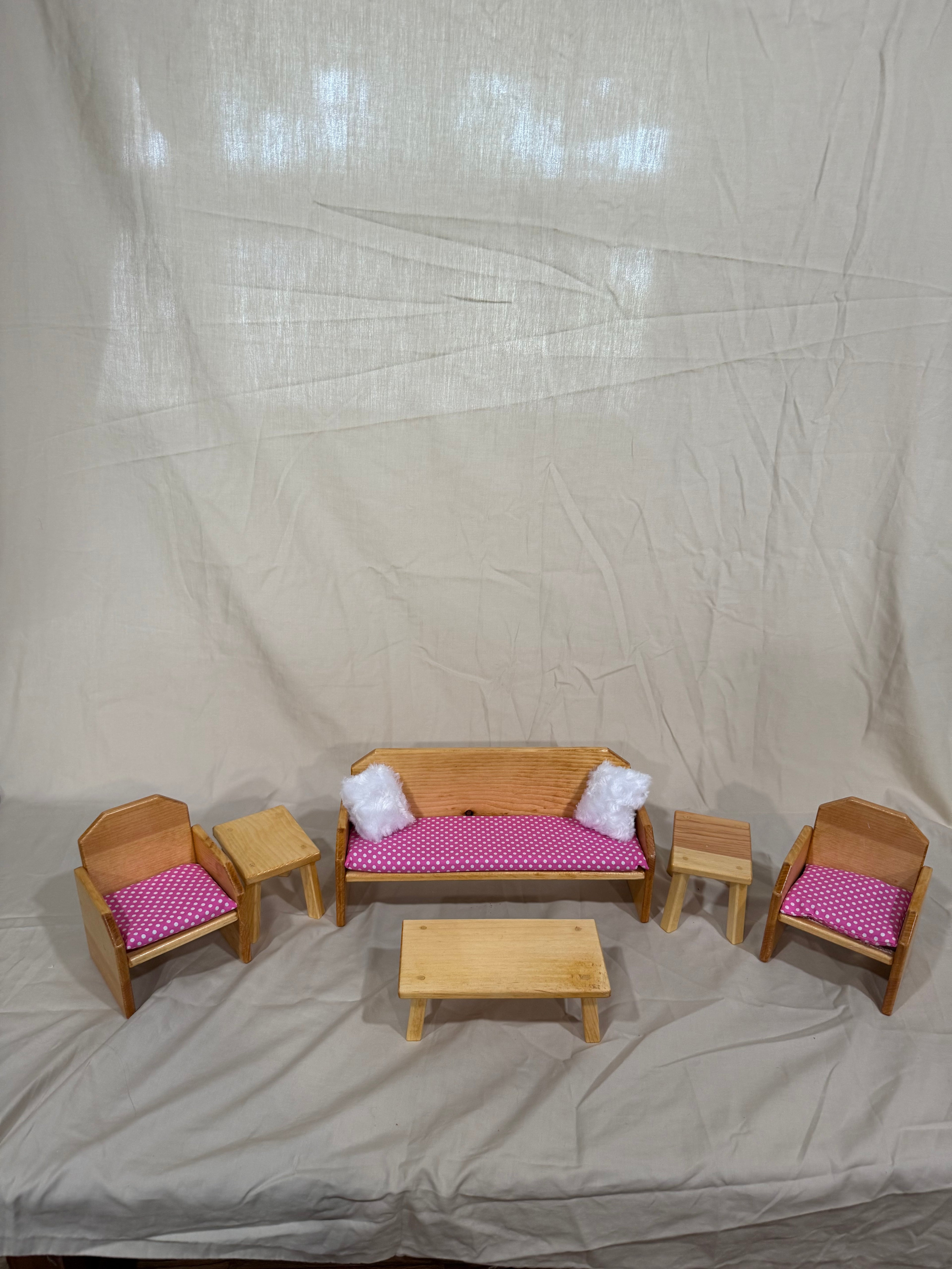 Barbie couch, chairs, and tables set in pink dot