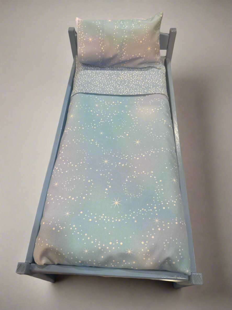 18” doll bed with blue bedding