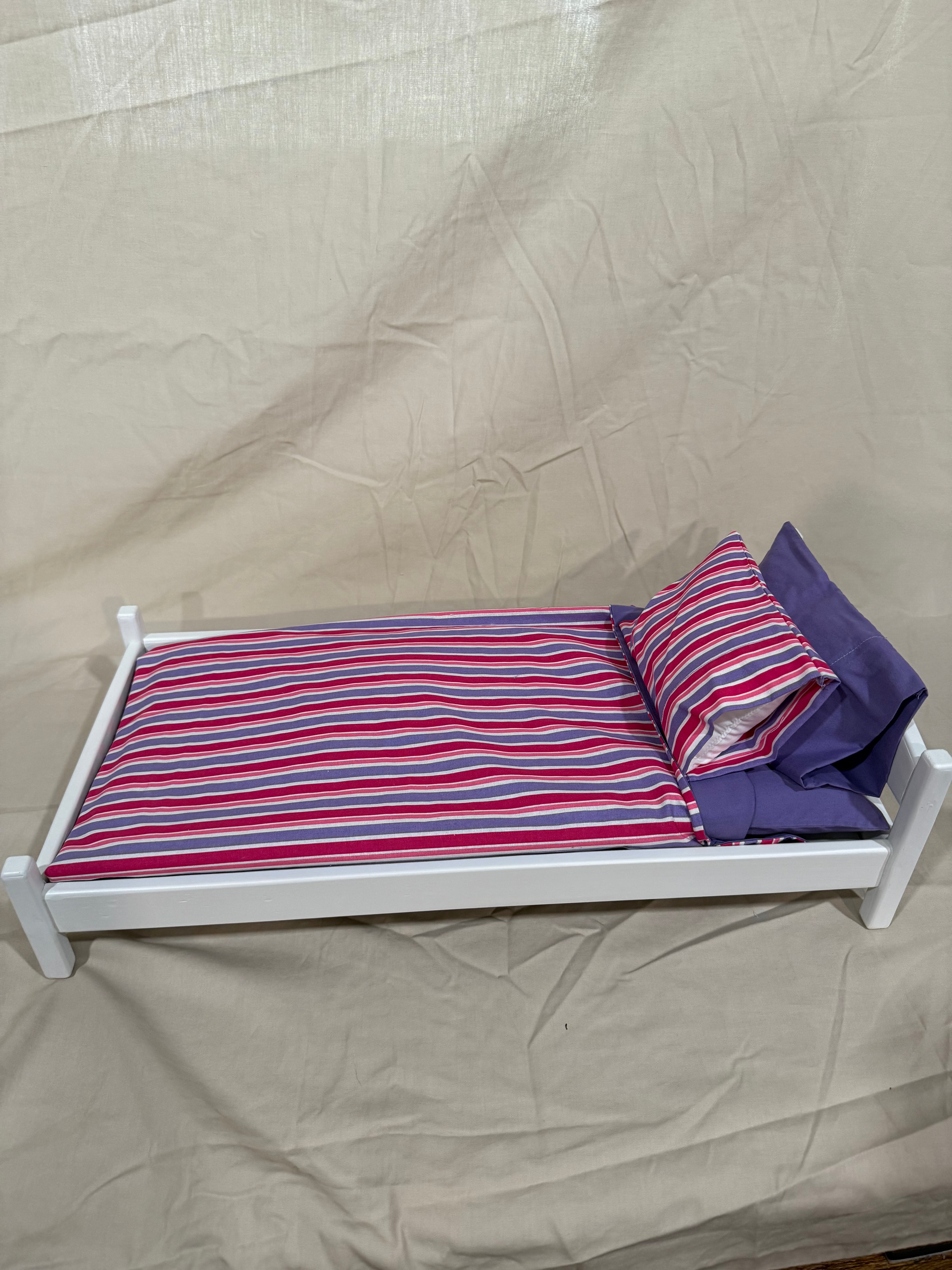 18” doll bed in striped bedding
