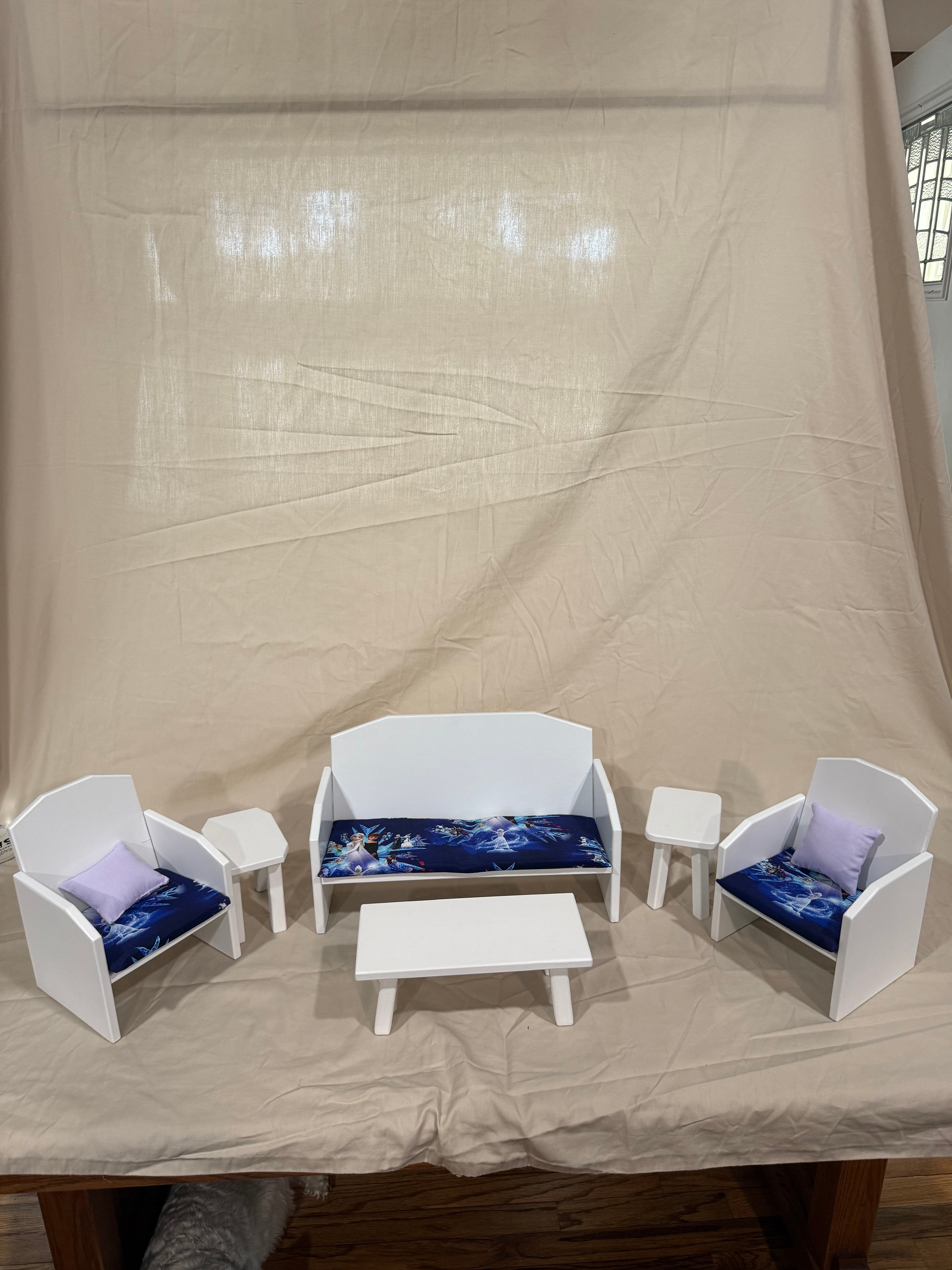 Barbie couch, chairs, and tables set in blue Frozen
