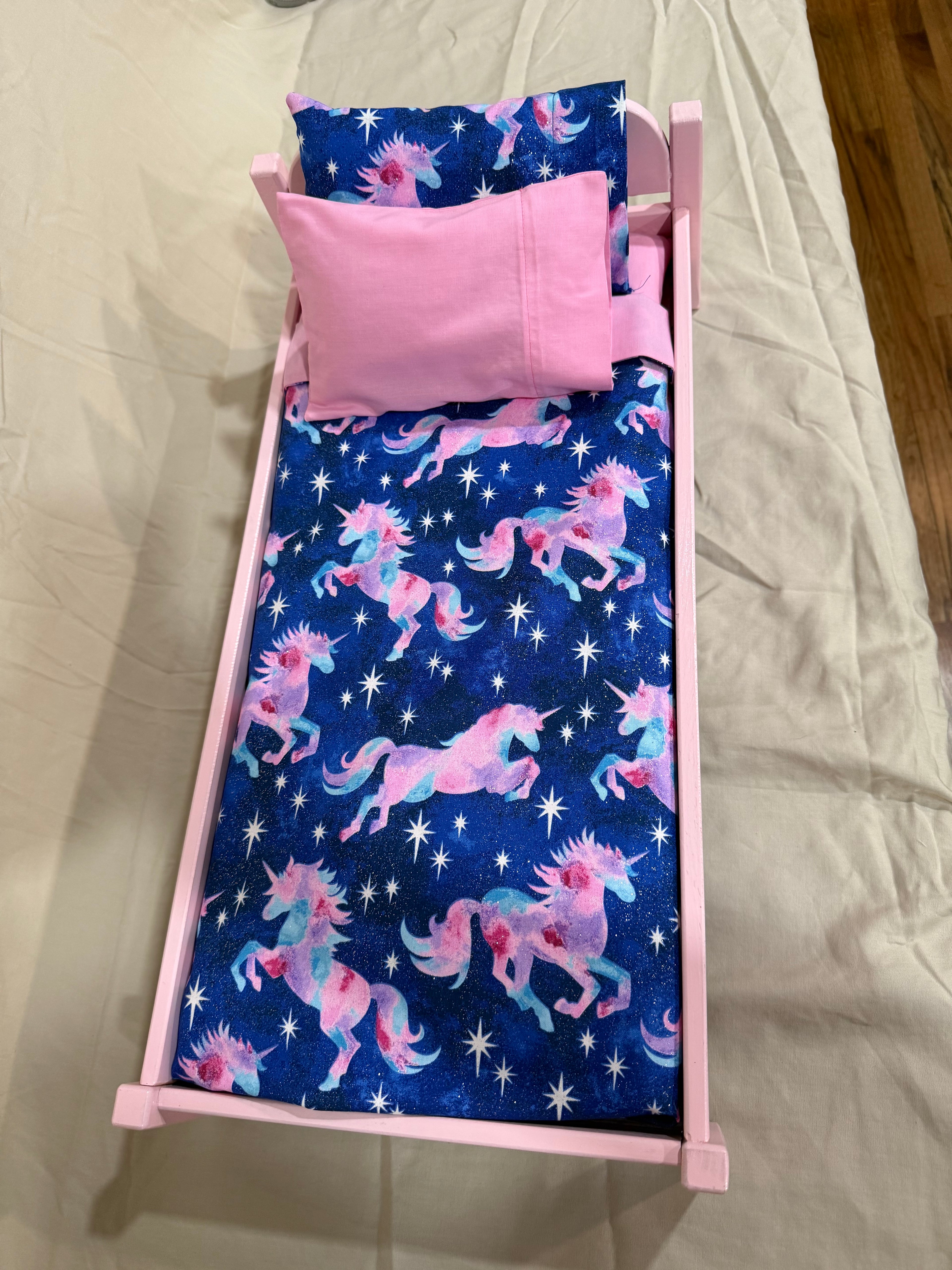 Barbie bed in blue unicorn bedding