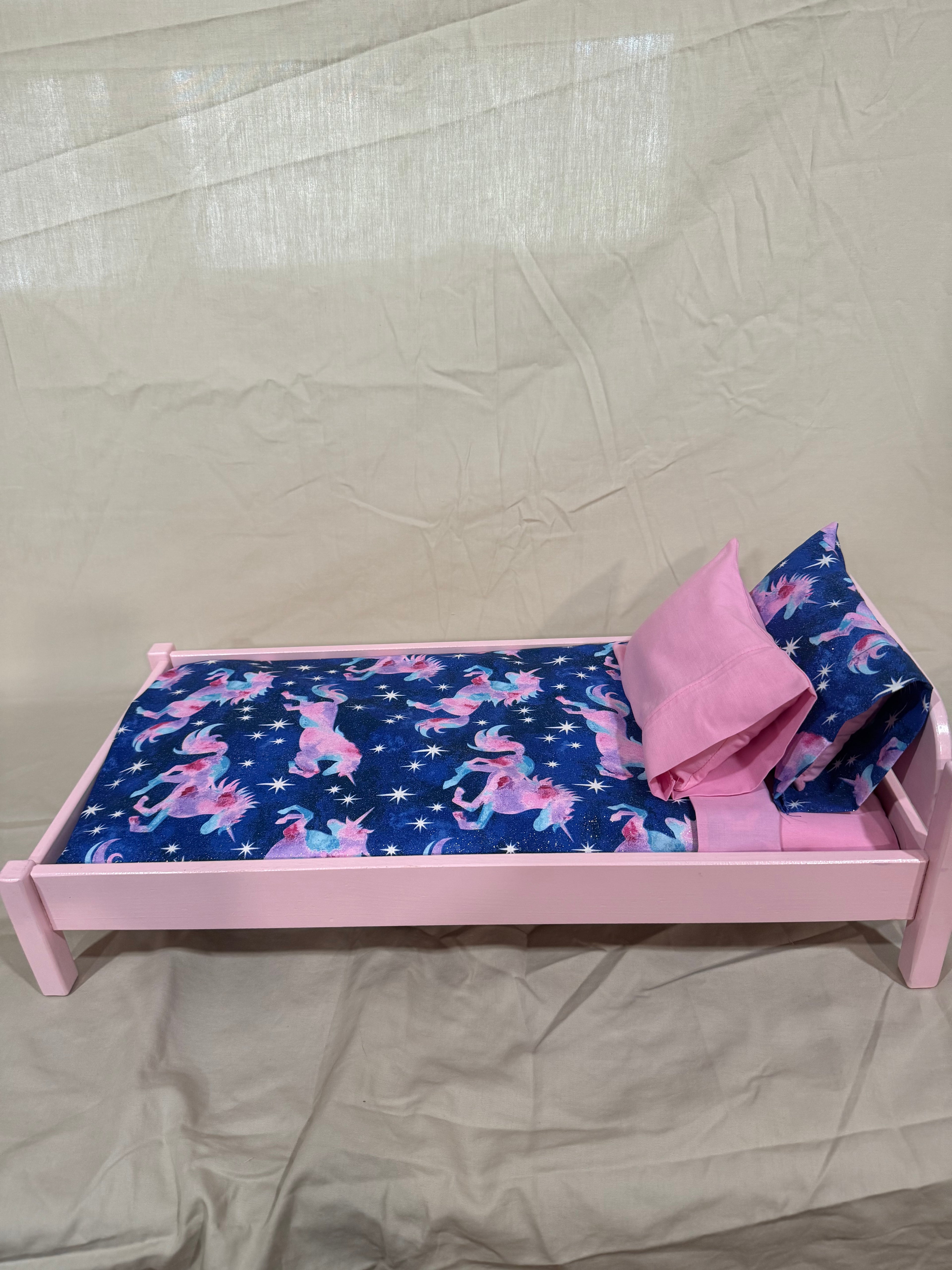 Barbie bed in blue unicorn bedding