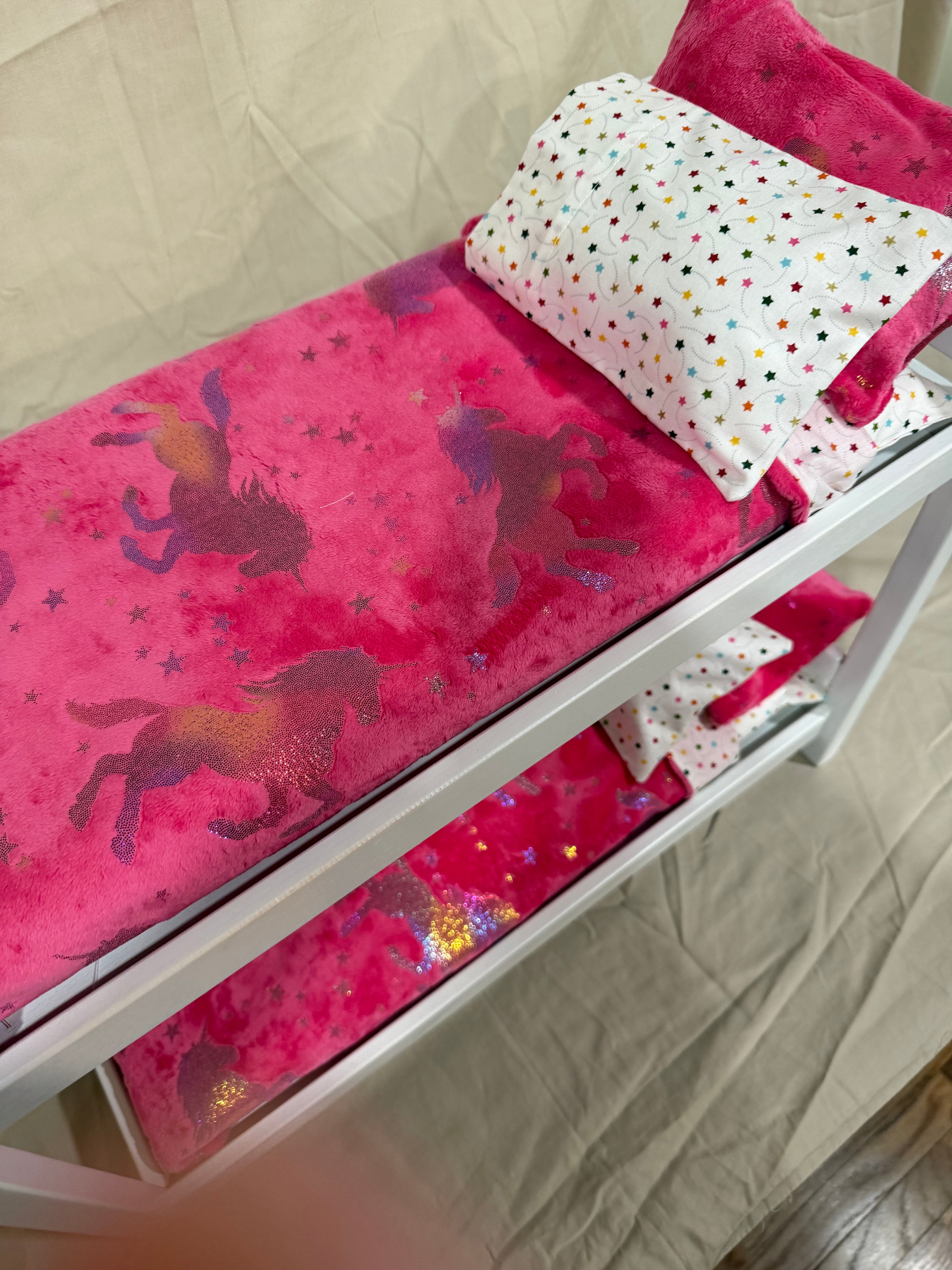 18” doll bunk bed in pink unicorn bedding