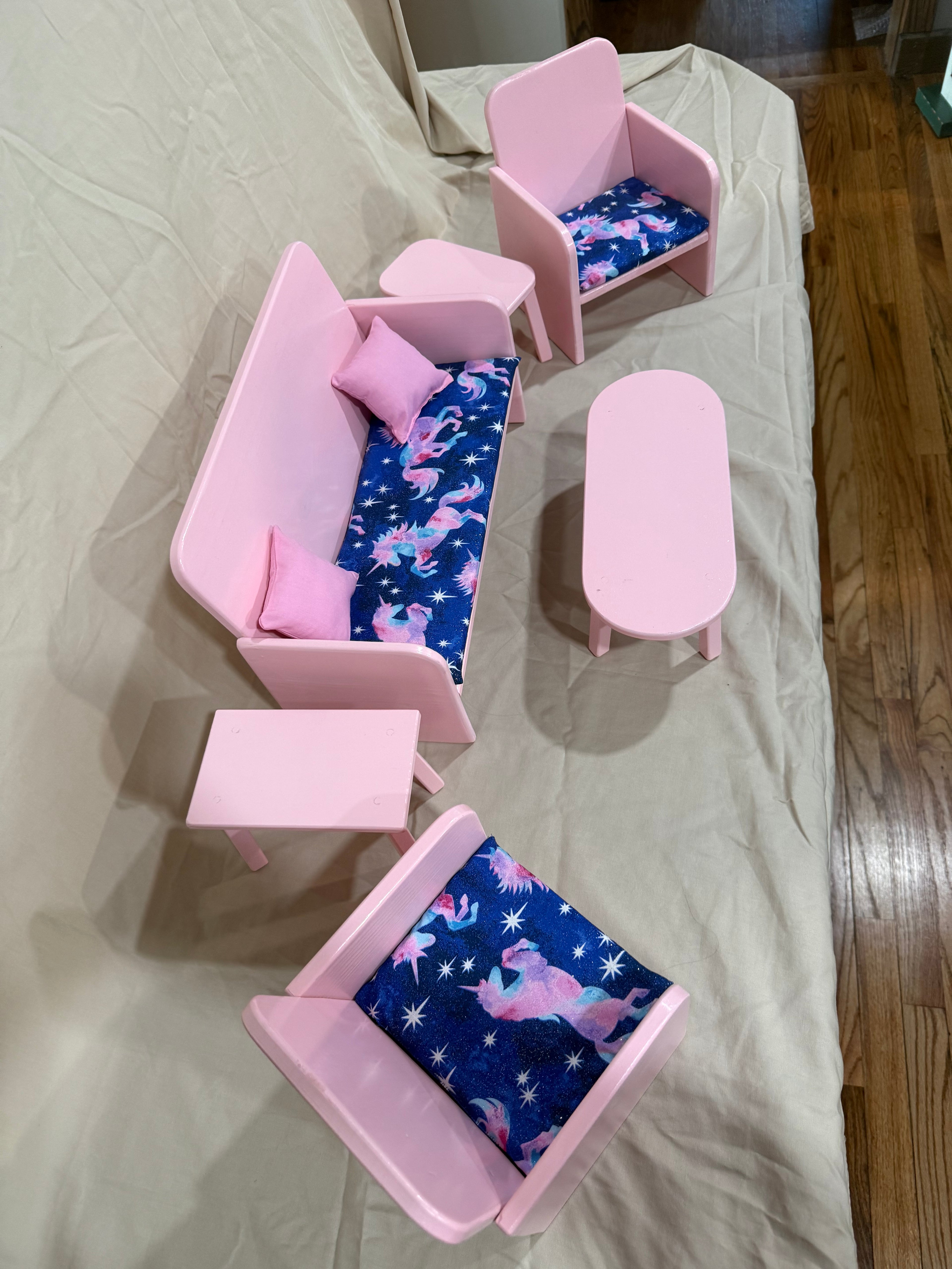 Barbie couch, chairs, and tables set in blue unicorn