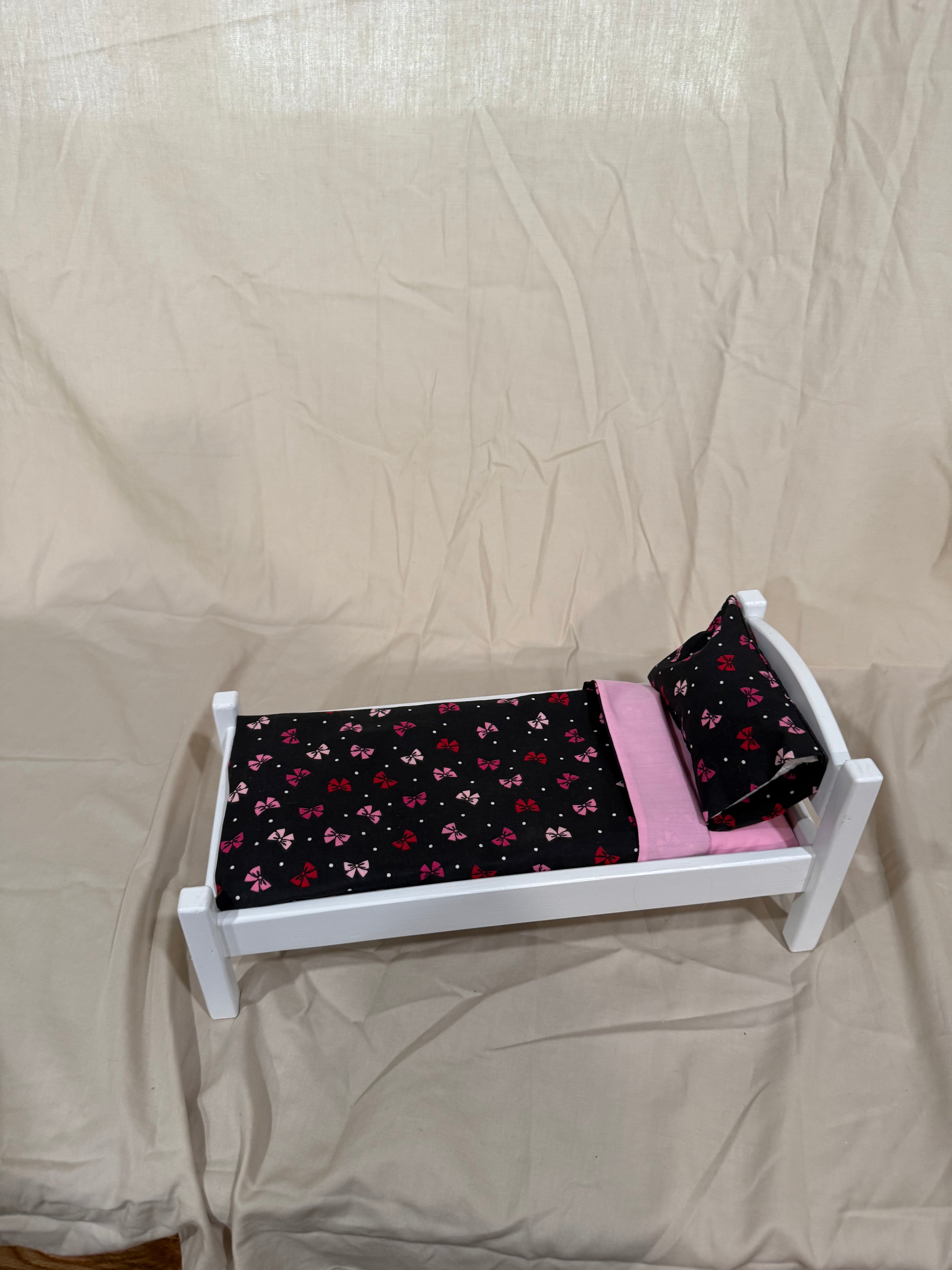 Barbie bed in bow bedding
