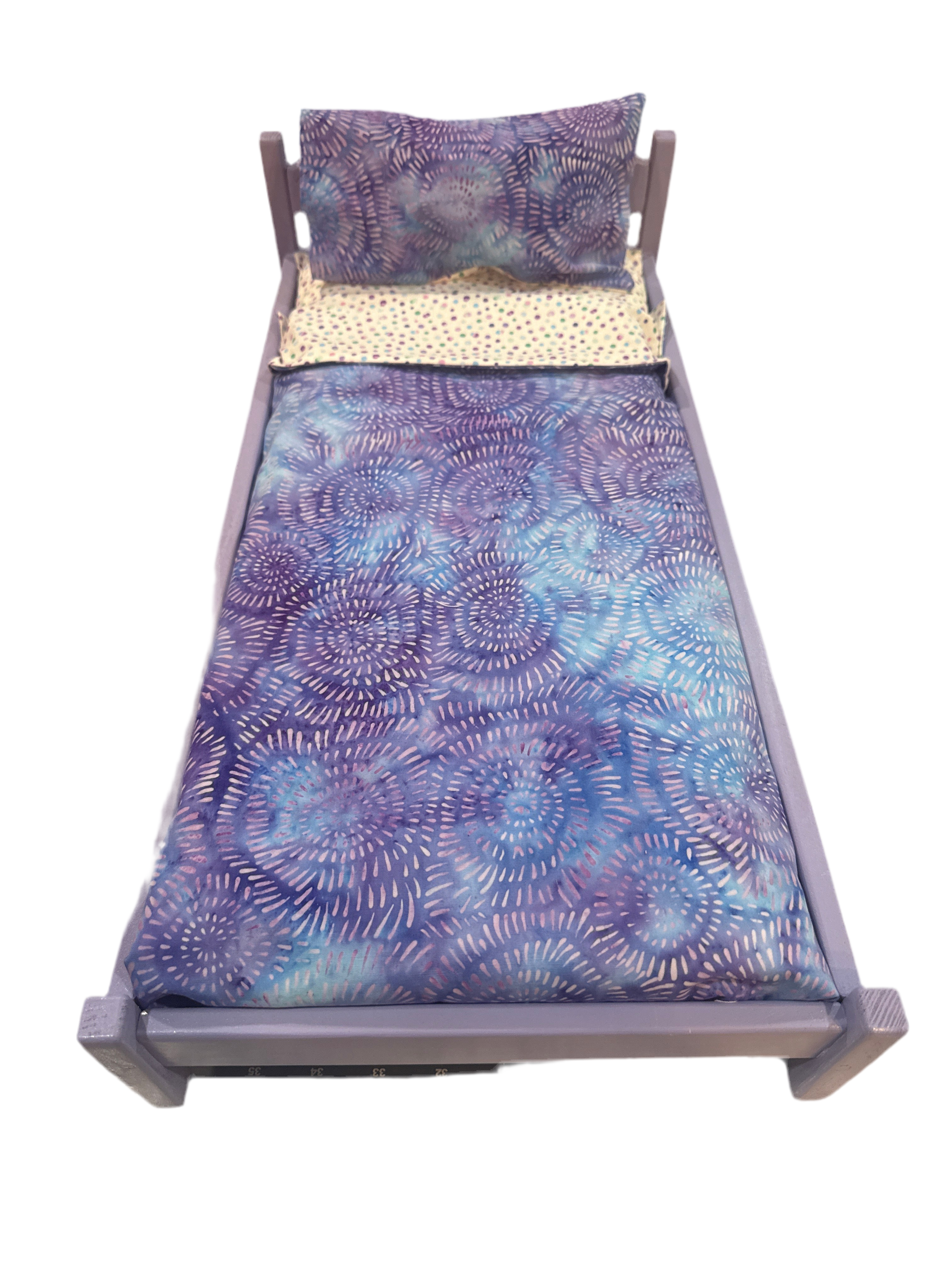 18” doll bed with purple boho bedding