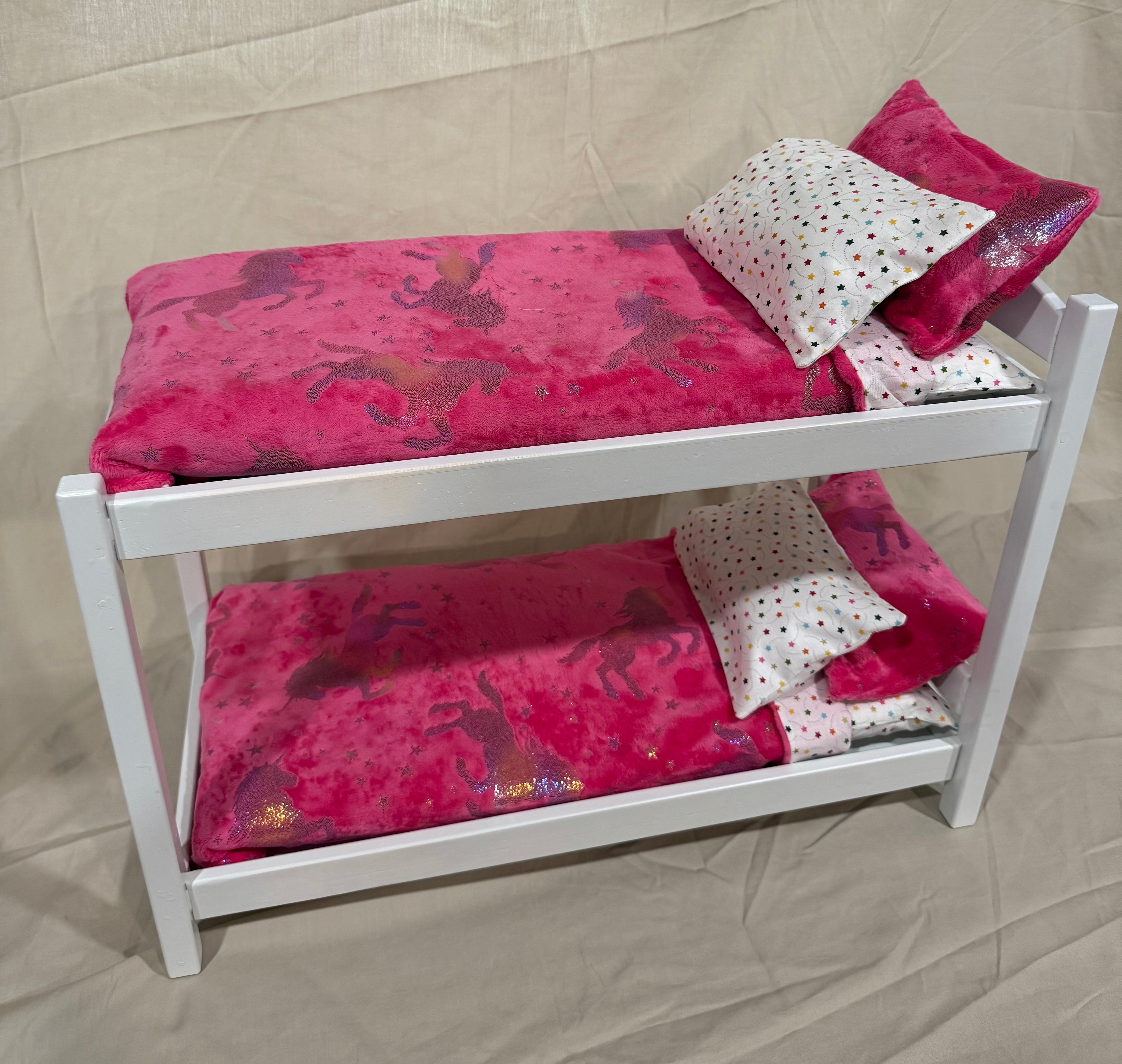 18” doll bunk bed in pink unicorn bedding