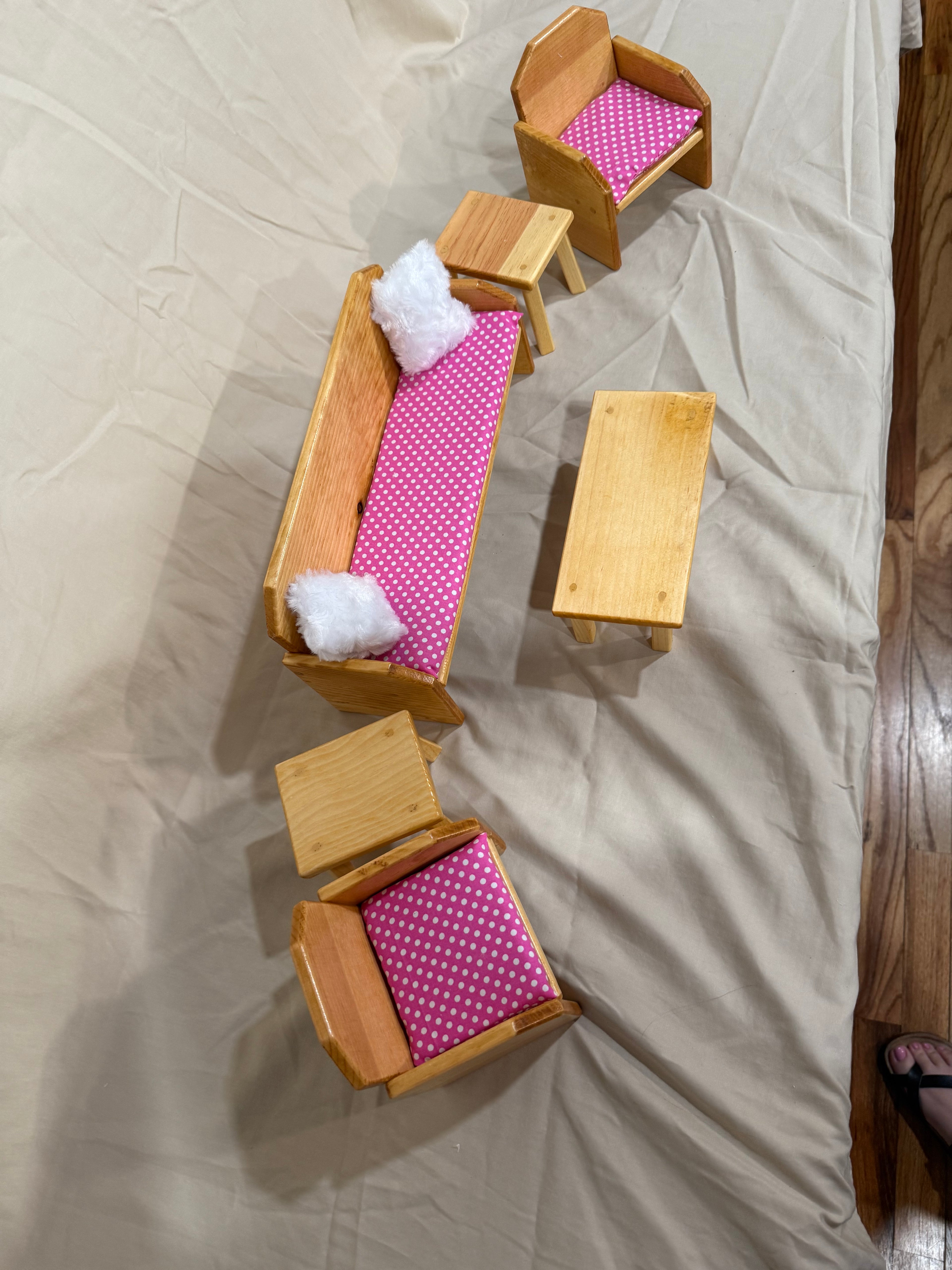 Barbie couch, chairs, and tables set in pink dot