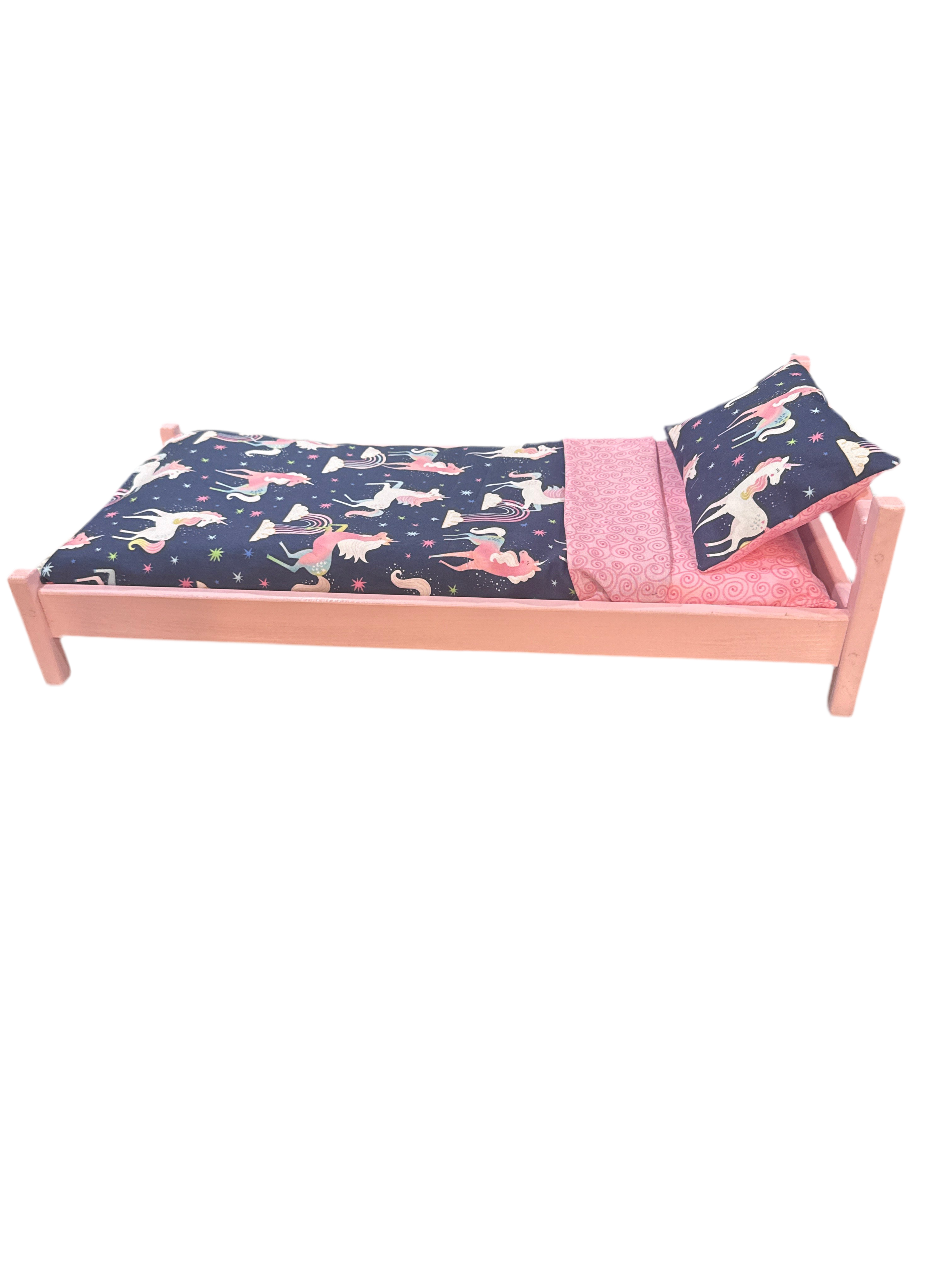 18” doll bed with blue unicorn bedding