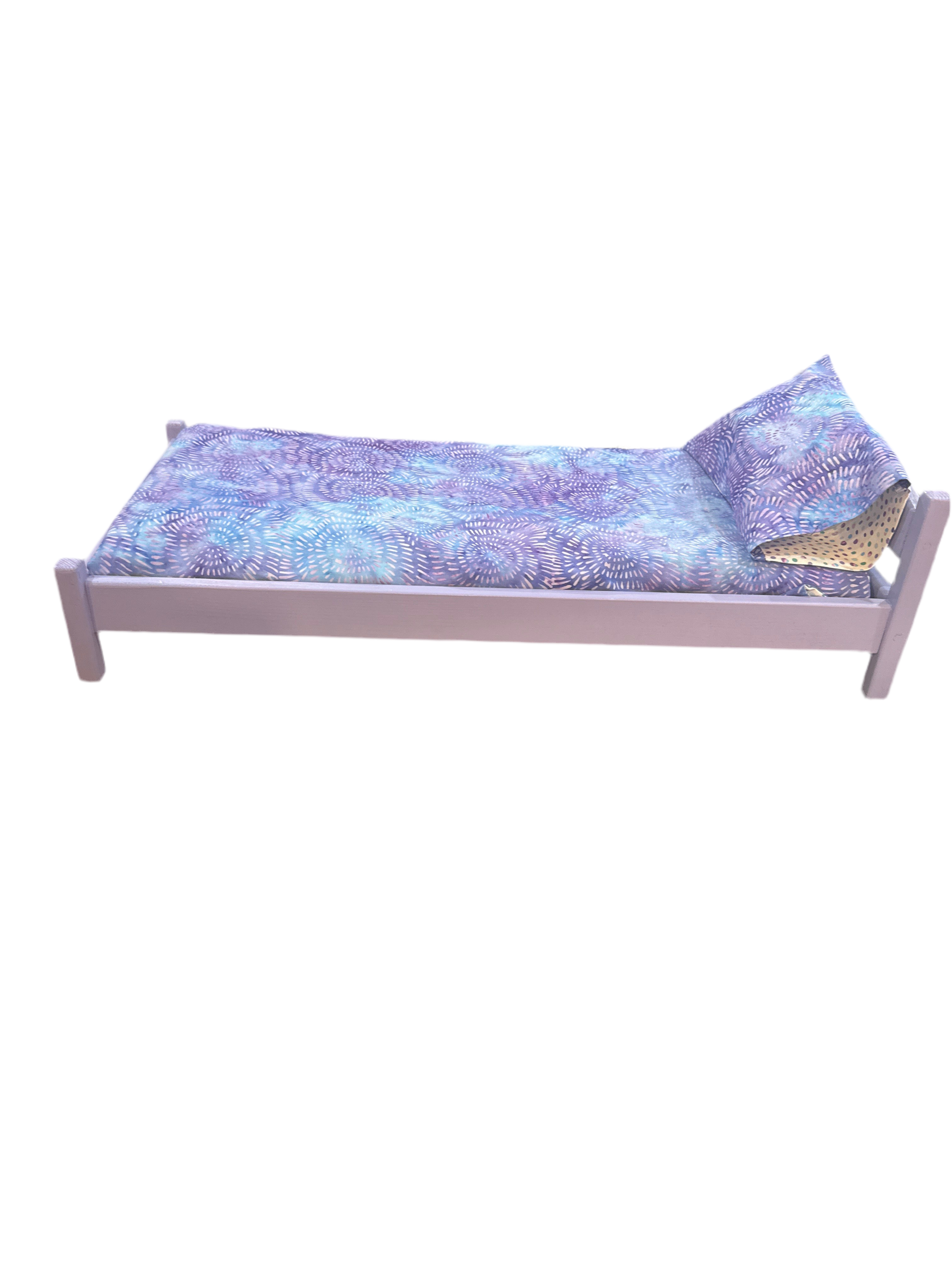 18” doll bed with purple boho bedding