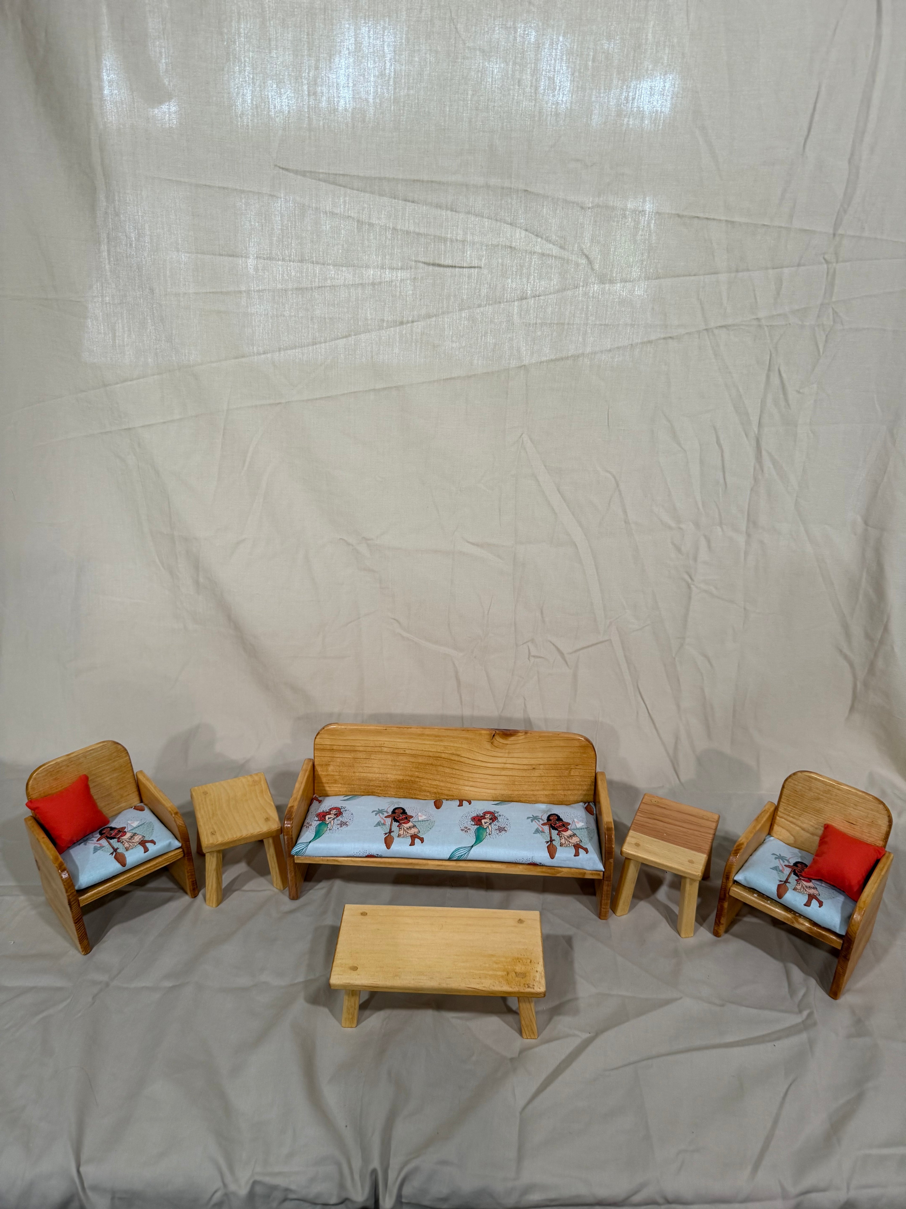 Barbie couch, chairs, and tables set in multi character