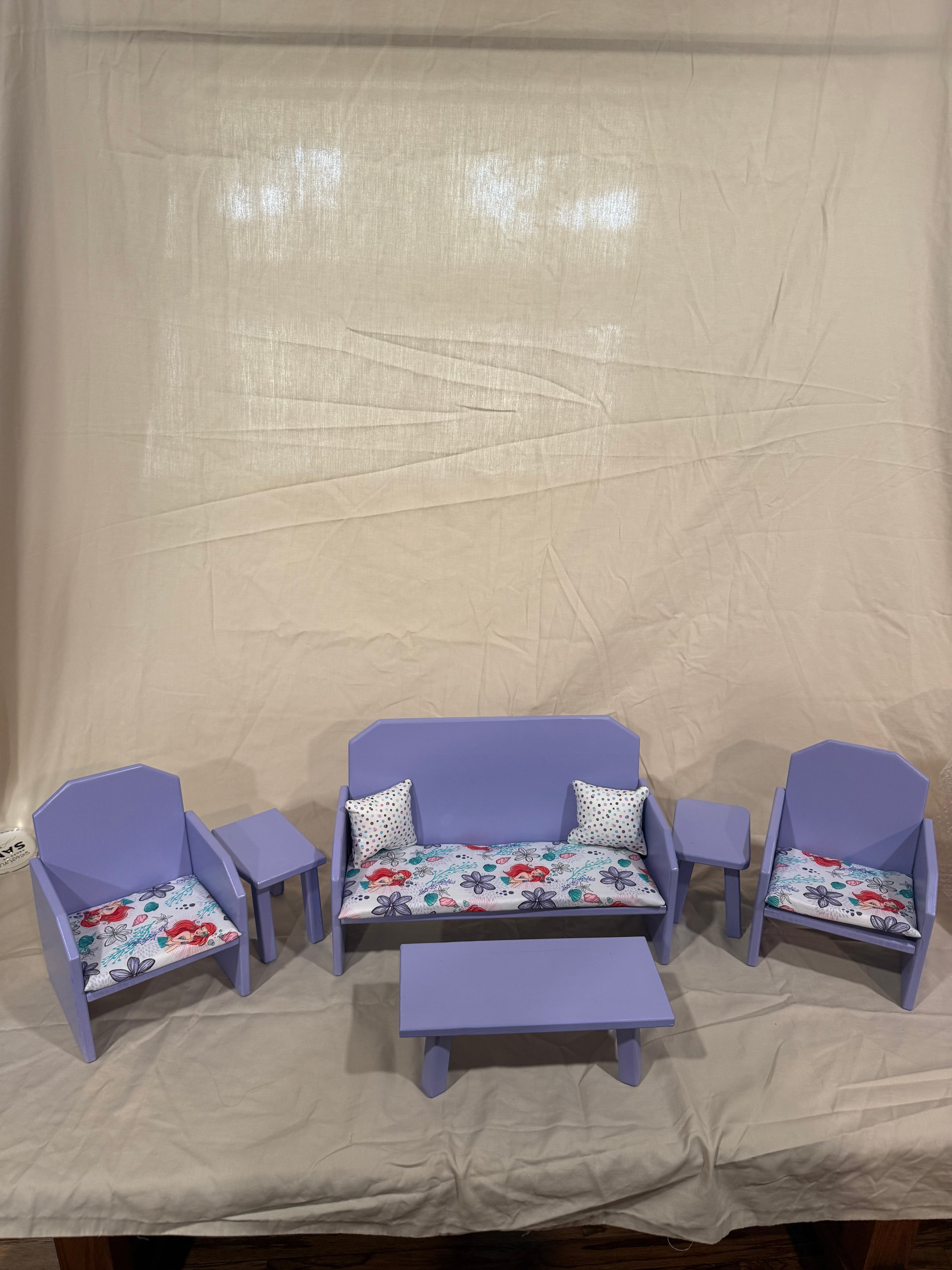 18” doll couch, chairs, and tables set in little mermaid