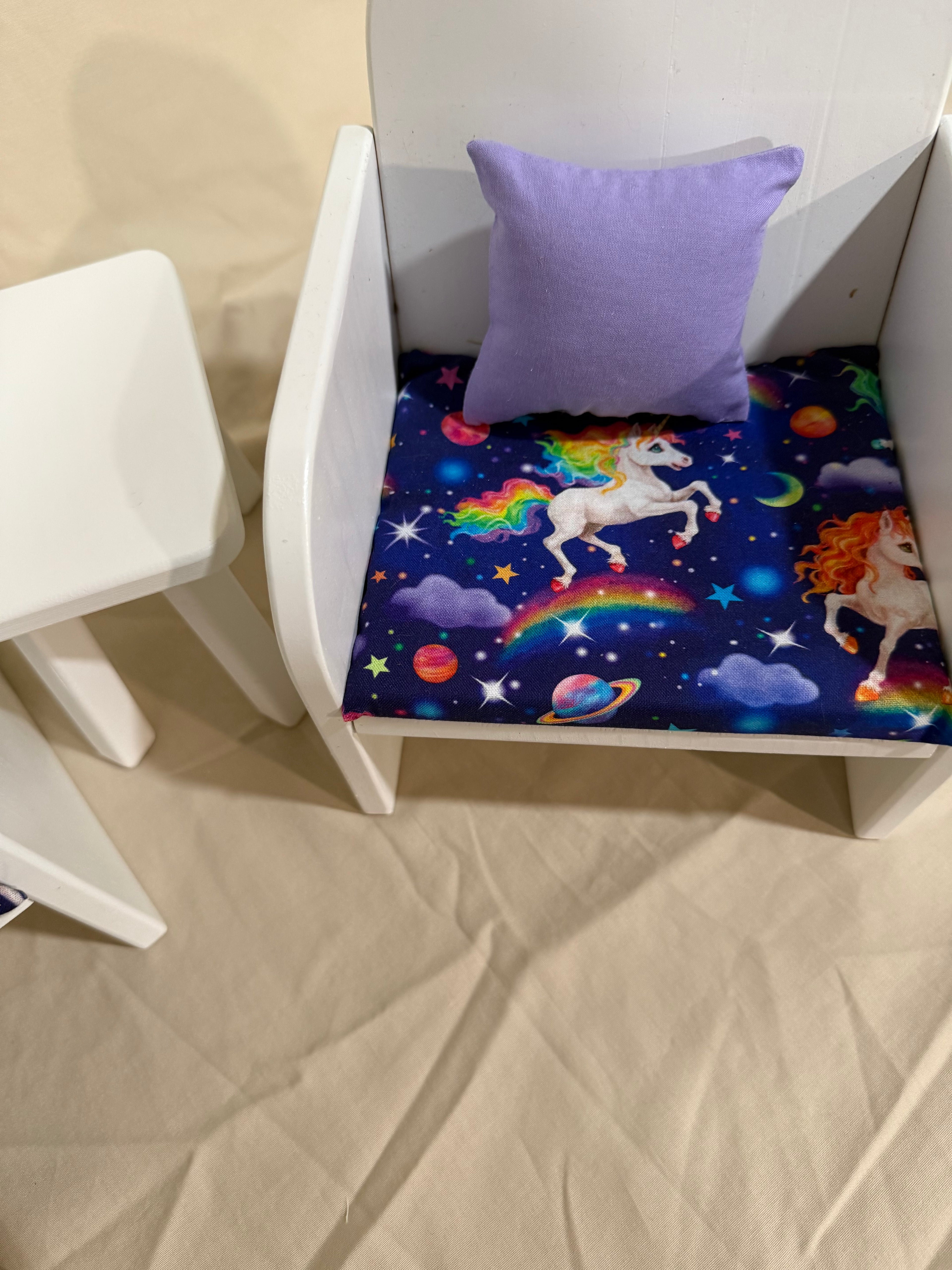 Barbie couch, chairs, and tables in multicolor unicorn