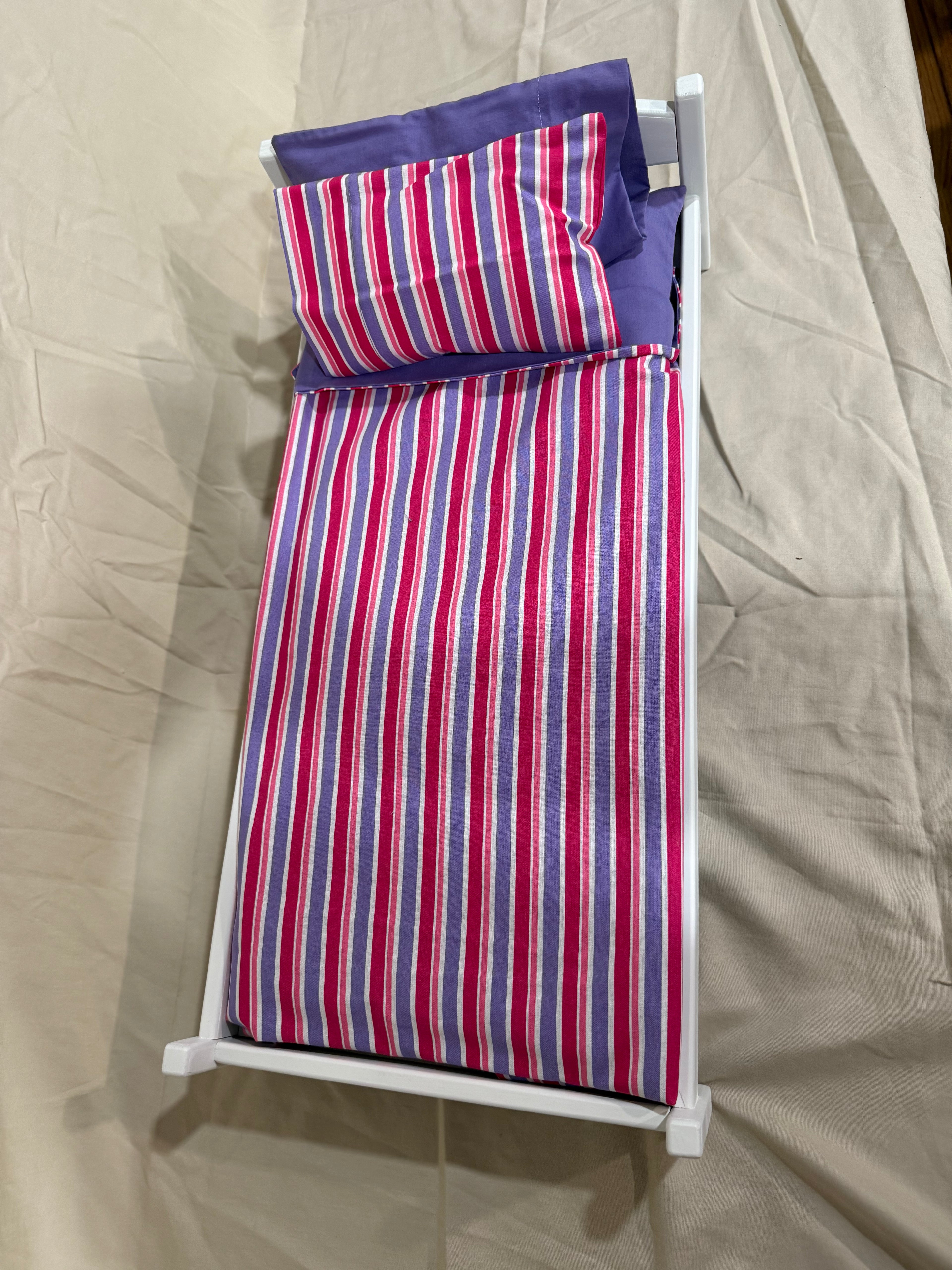 18” doll bed in striped bedding