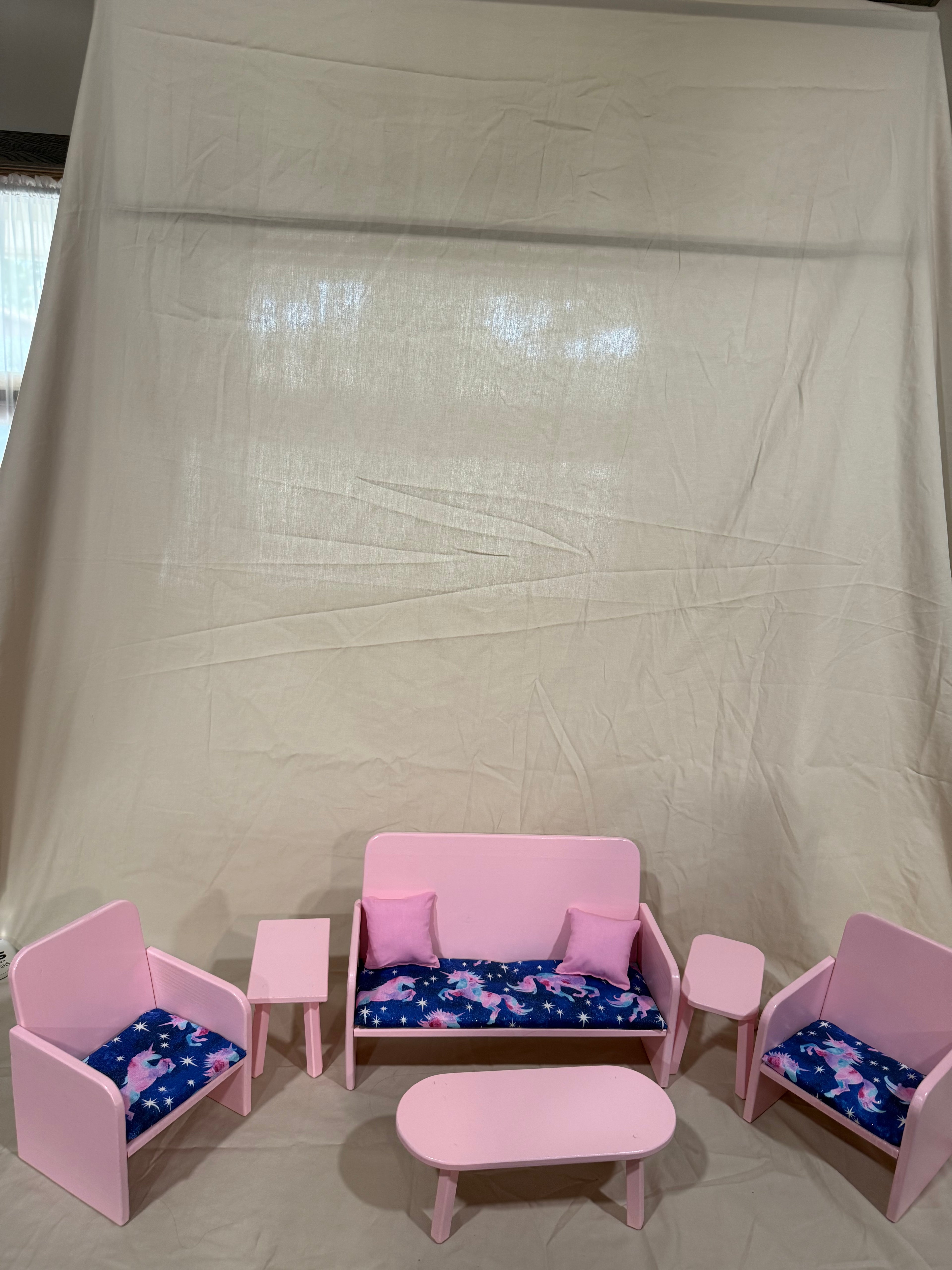 Barbie couch, chairs, and tables set in blue unicorn