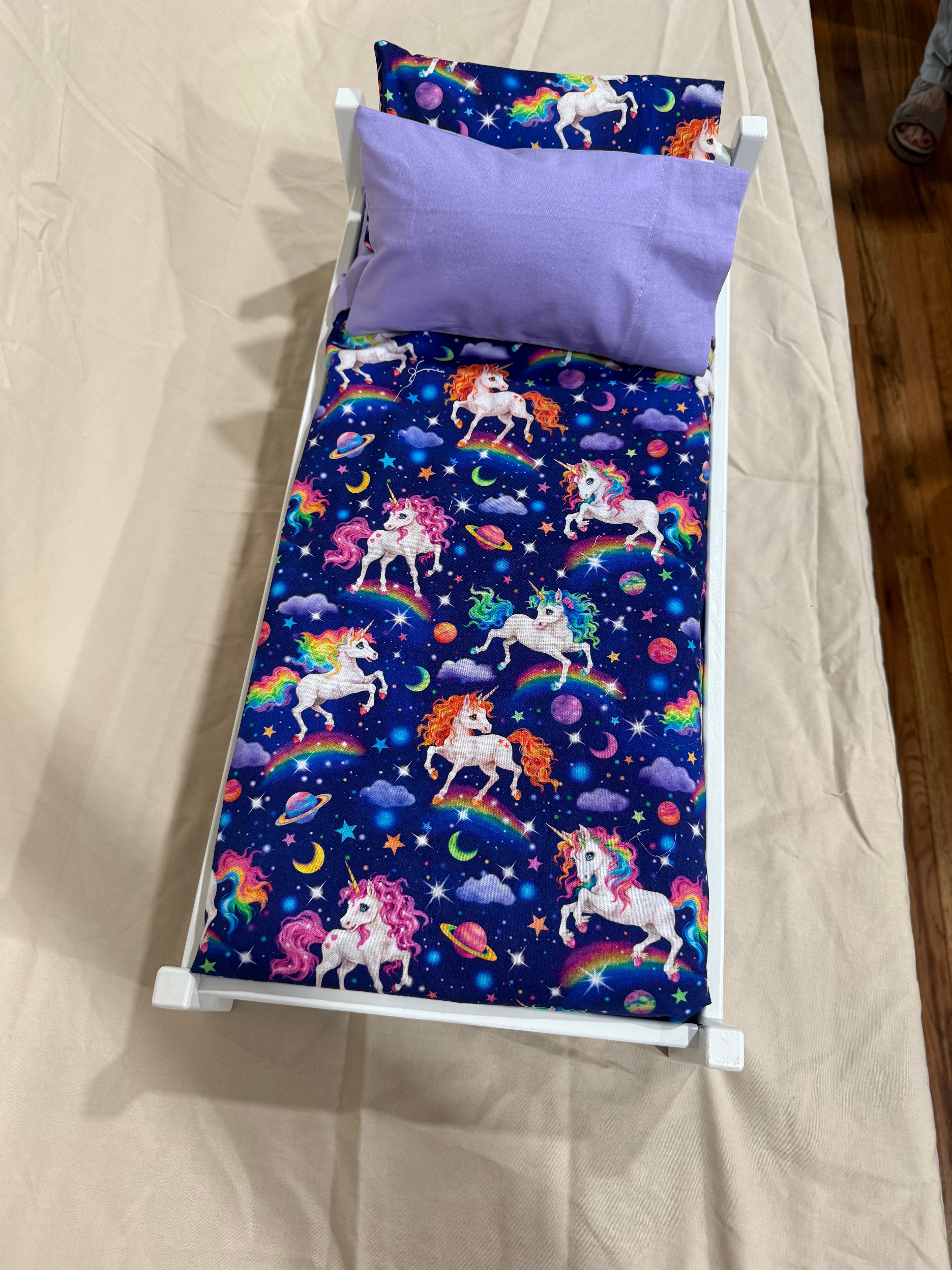 Barbie bed in multicolor unicorn bedding