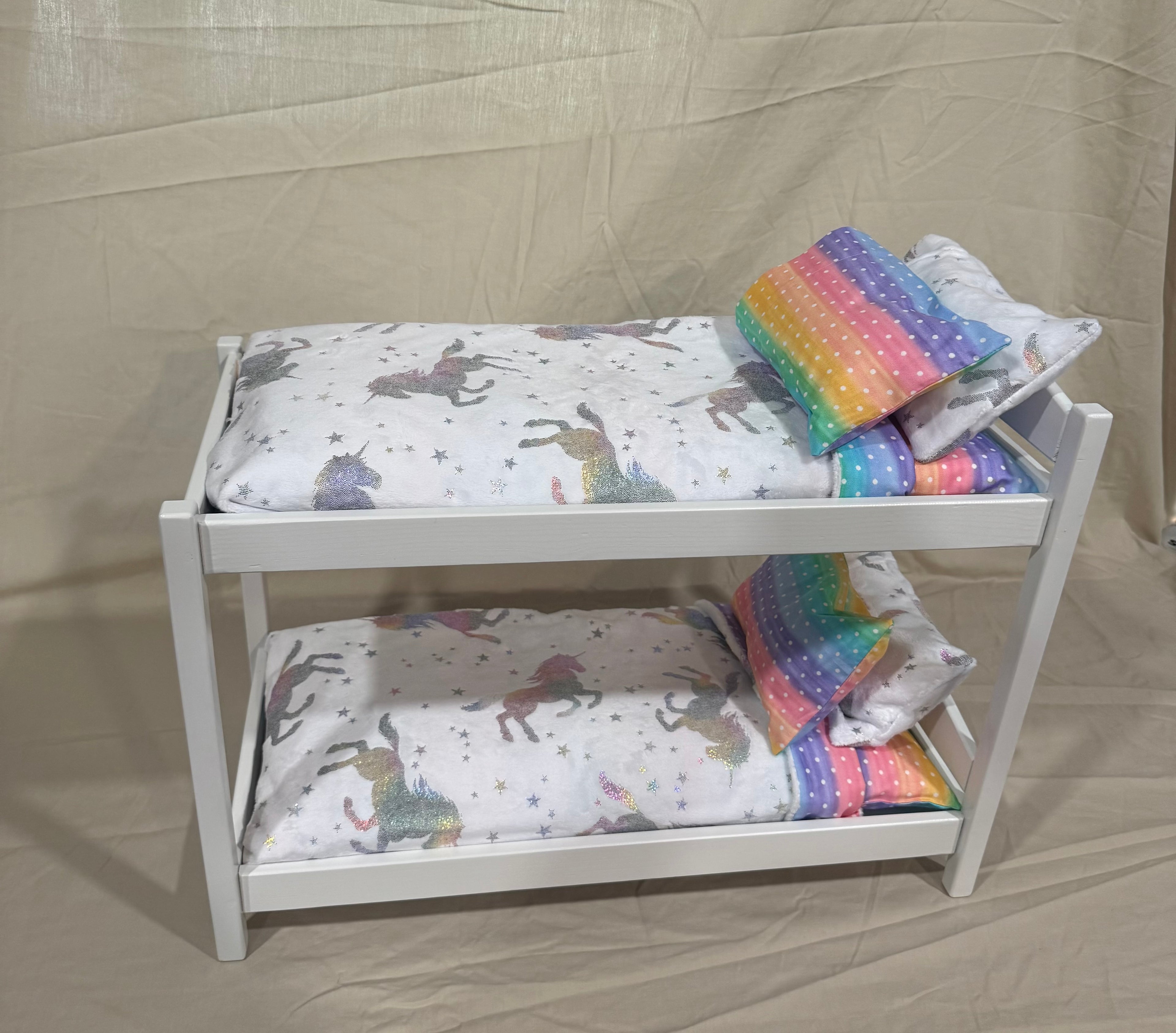 18” doll bunk bed in white unicorn bedding