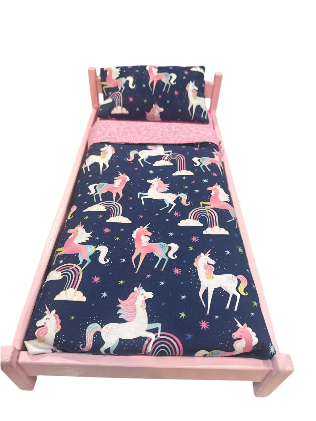 18” doll bed with blue unicorn bedding