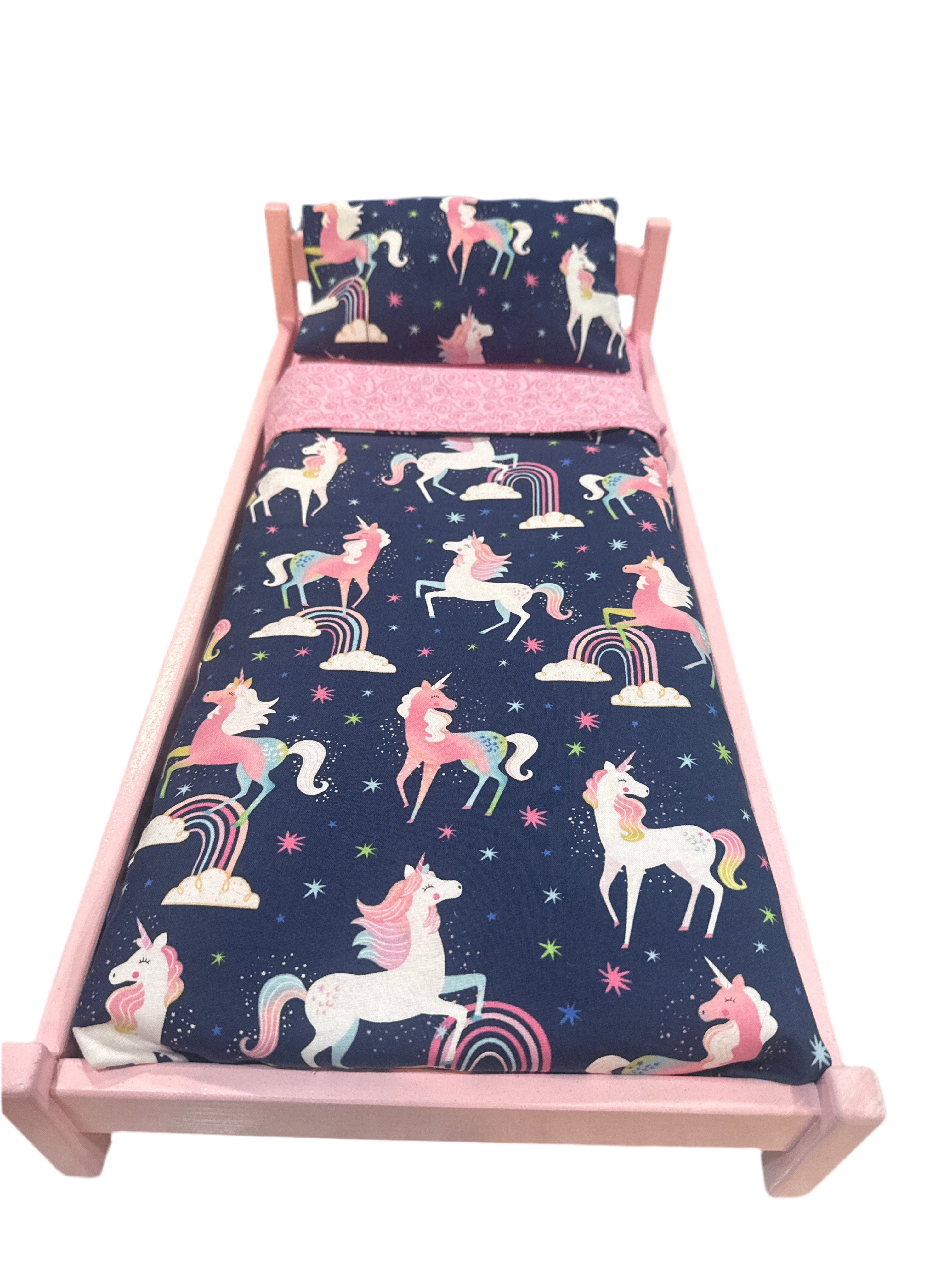 18” doll bed with blue unicorn bedding
